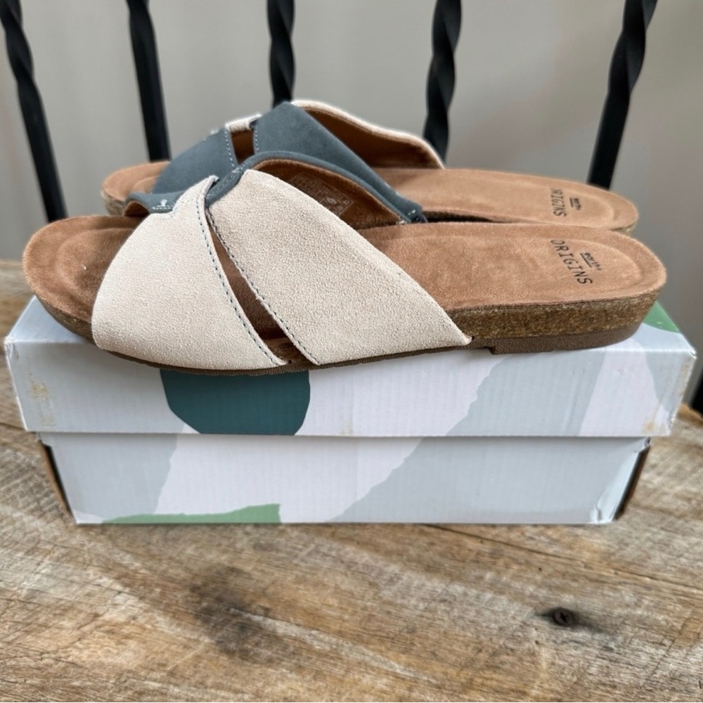 Earth Origins Lexi suede cream blue slide sandals cushion cork nib 8 - Picture 3 of 5